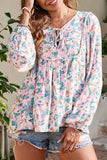 Pink Floral Print Lace-up V Neck Babydoll Top