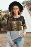 Burgundy Colorblock Leopard Patchwork Long Sleeve Top