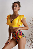 Floral Ruffled Hem High Waist Bikini Set