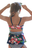 Navy Floral Print Peplum Little Girls Swimsuit
