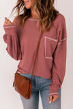 Contrast Stitching Trim Waffle Knit Pullover
