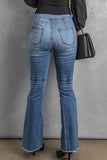 Sky Blue High Waist Raw Hem Button Ripped Flare Jeans