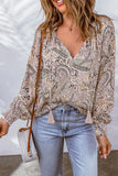 Ethnic Floral Tassel String V Neck Blouse