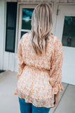 Orange Floral Print V Neck Ruched Babydoll Blouse