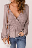 Surplice V Neck Lace Front Balloon Sleeve Blouse