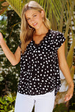 Black Polka Dot Scalloped V Neck Short Sleeves Top