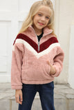 Stripe Color Block Half Zip Girl Fleece Sweatshirt with Pocket