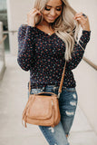 Navy Button V Neck Long Sleeve Floral Top