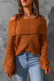 Brown Ribbed Knit Foldover Off Shoulder Sweater