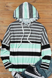 Green Striped Drawstring Long Sleeve Hoodie