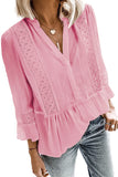 Lace Ruffed 3/4 Sleeve V Neck Shirt