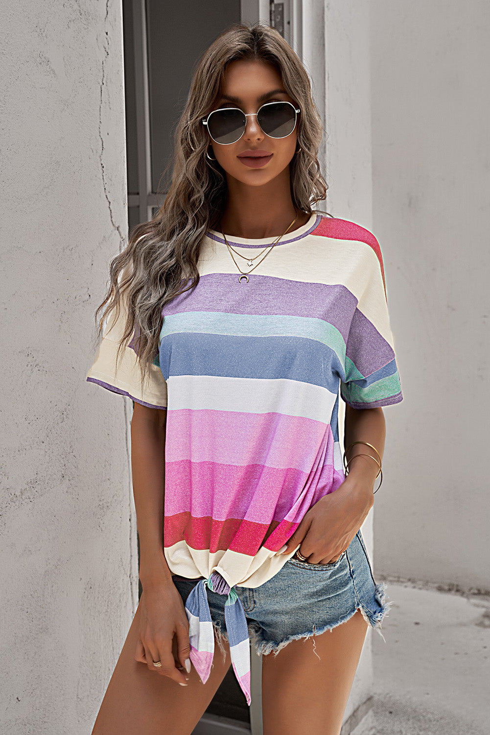 Colorful Striped Short Sleeve Top with Knot