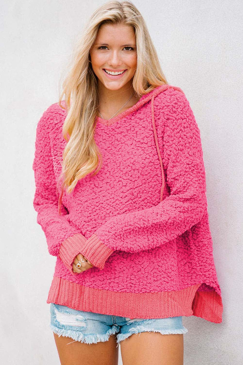 Loose Popcorn Textured Hooded Sweater