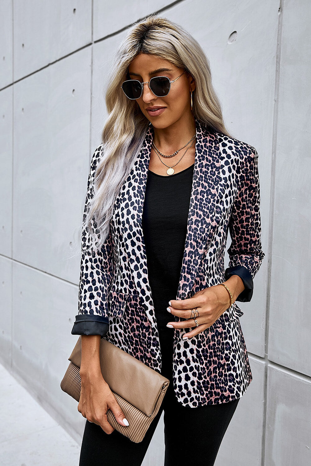 Open Front Long Sleeve Leopard Blazer Suit