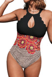 Halter Neck Scallop Trim Cutout Leopard Floral Color Block One-Piece Swimsuit