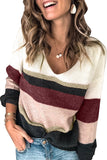 Khaki Casual Color-Block Striped Long Sleeve V Neck Sweater
