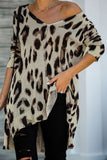 V Neck Leopard Knit Tunic Sweater with Slits