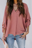 V Neck 3/4 Sleeve High Low Hem Shirt