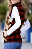 Brown Cow Print Buffalo Plaid Pocket Vest Coat