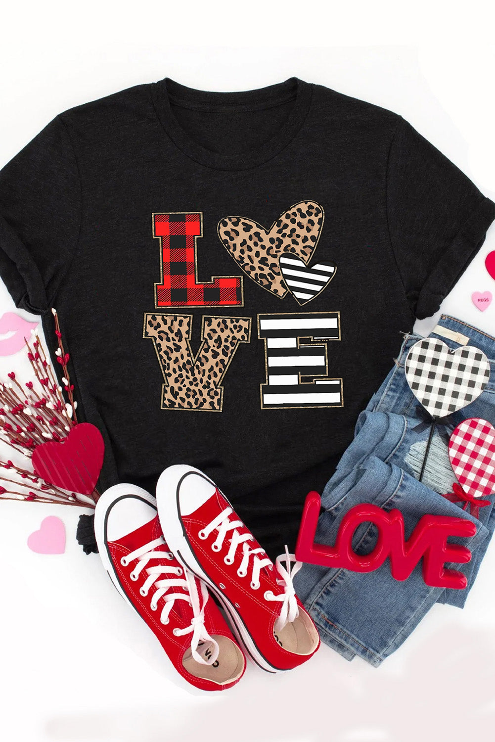LOVE Heart Plaid Striped Leopard Print Graphic T Shirt