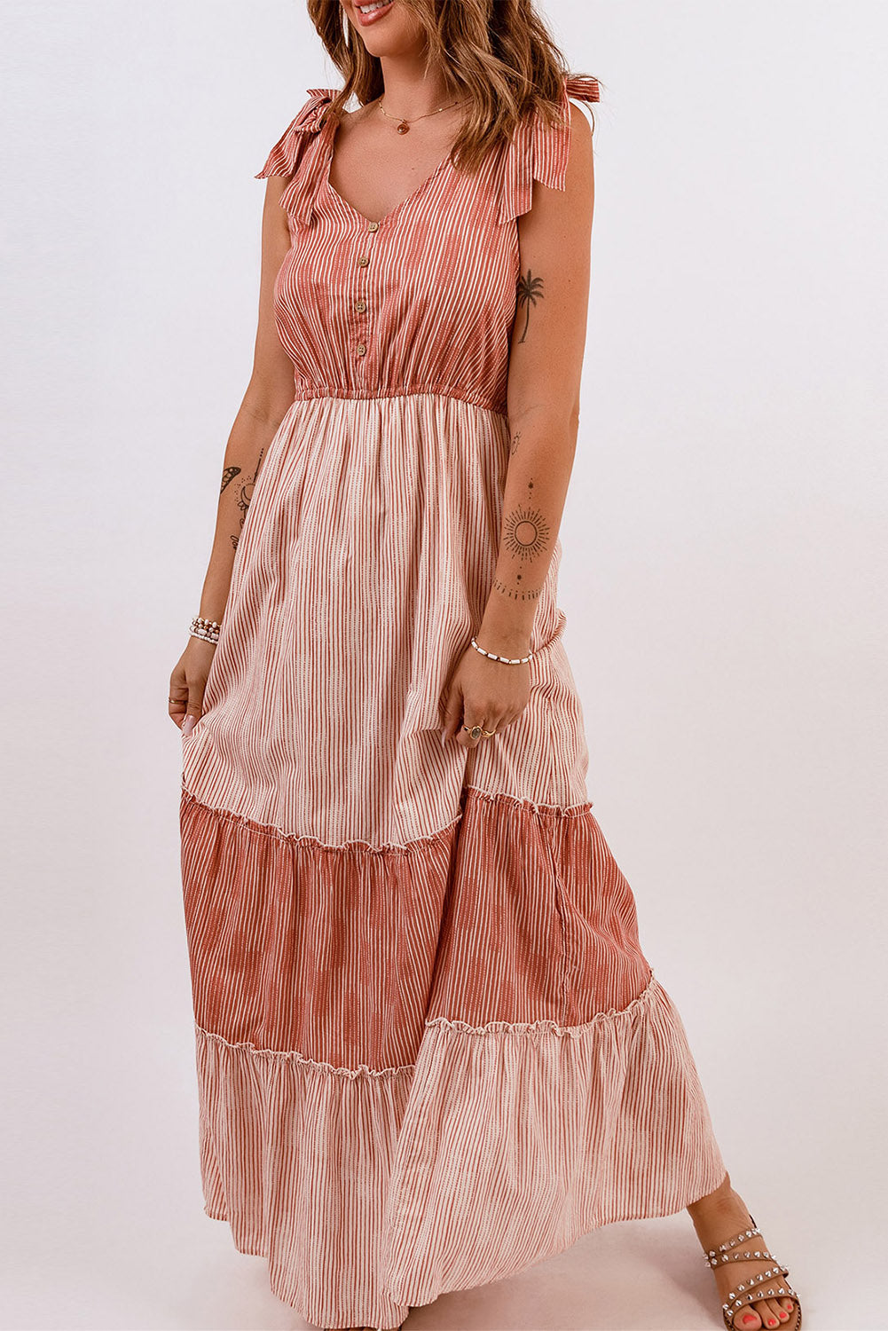 Tie Shoulder Striped Tiered Sleeveless Maxi Dress