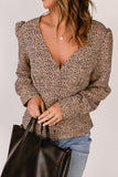 V Neck Puff Sleeve Buttons Leopard Print Shirt