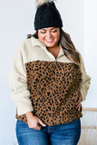 Plus Size Leopard Colorblock Zipped Sherpa Pullover