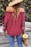 Red Boho Off-shoulder Floral Print Blouse