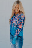 Blue Floral Print V Neck Long Sleeve Top