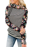 Striped Floral Print Long Sleeve Zipper Hoodie