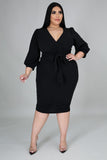 Plus Size Puff Sleeve Wrap V Neck Midi Dress