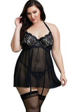 Plus Size Black Mesh & Venice Embroidery Lace Babydoll