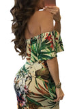 Turquoise Roses Print Off-the-shoulder Maxi Dress