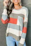 Striped Colorblock Ribbed Knit Top with Pocket