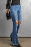 High Waist Raw Hem Button Ripped Flare Jeans