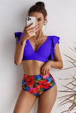 Floral Ruffled Hem High Waist Bikini Set