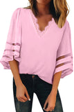 V Lace Neckline 3/4 Bell Mesh Sleeves Blouse