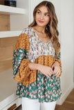 Green Color Block Floral Print Loose Blouse