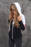 Khaki Color Block Zip Up Kangaroo Pocket Drawstring Hoodie