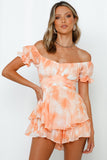 Orange Tie-dye Print Short Puff Sleeve Romper