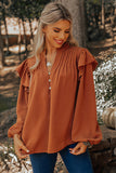 Ruffled Pleated Buttoned V Neck Blouse
