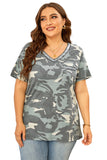 Sequined V Neckline Camo Plus Size T-shirt