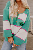 Striped Color Block Knitted Buttoned V Neck Sweater