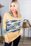 Camo Print Splicing Waffle Knit Long Sleeve Top with Thumb Hole