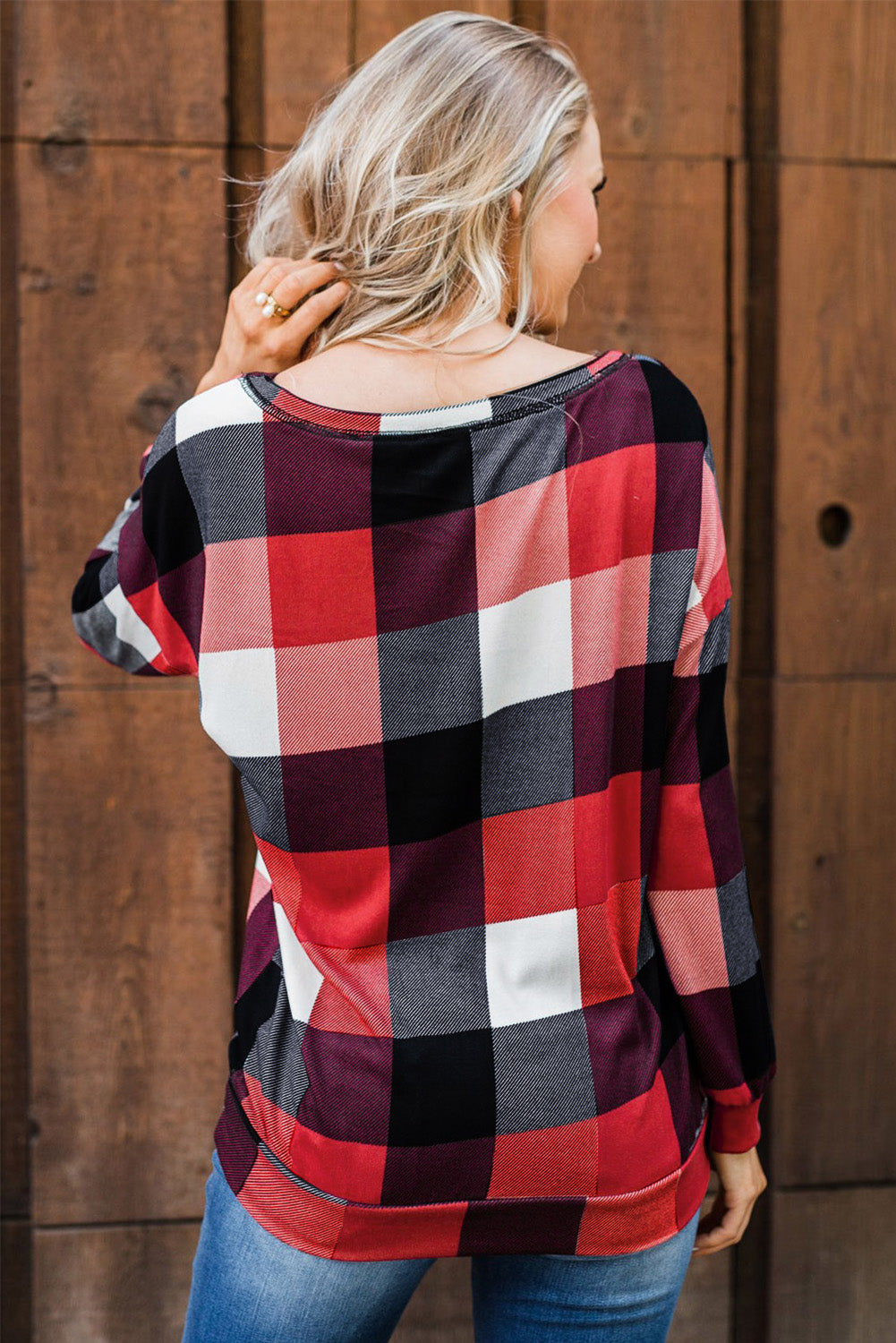 Round Neck Plaid Long Sleeve Pullover Top