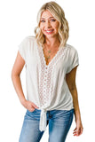 V Neck Lace Patchwork Tee with Knot