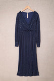Blue Side Split Rhinestone V Neck Maxi Dress