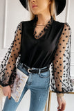 Lace Contrast V Neck Puffy Sleeve Blouse