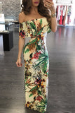 Turquoise Roses Print Off-the-shoulder Maxi Dress