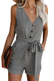 Button V Neck Romper with Belt